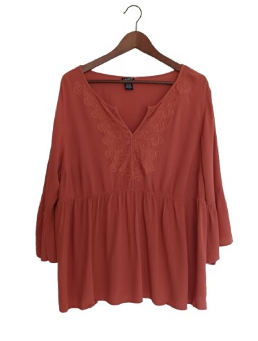 Torrid Rust Orange Embroidered Split V-Neck Babydoll Peasant Top Plus Size 1X